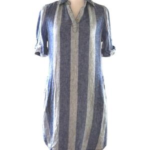 Beach‎ Lunch Lounge Blue Linen Striped Dress Size XS Fully Lined With Pockets